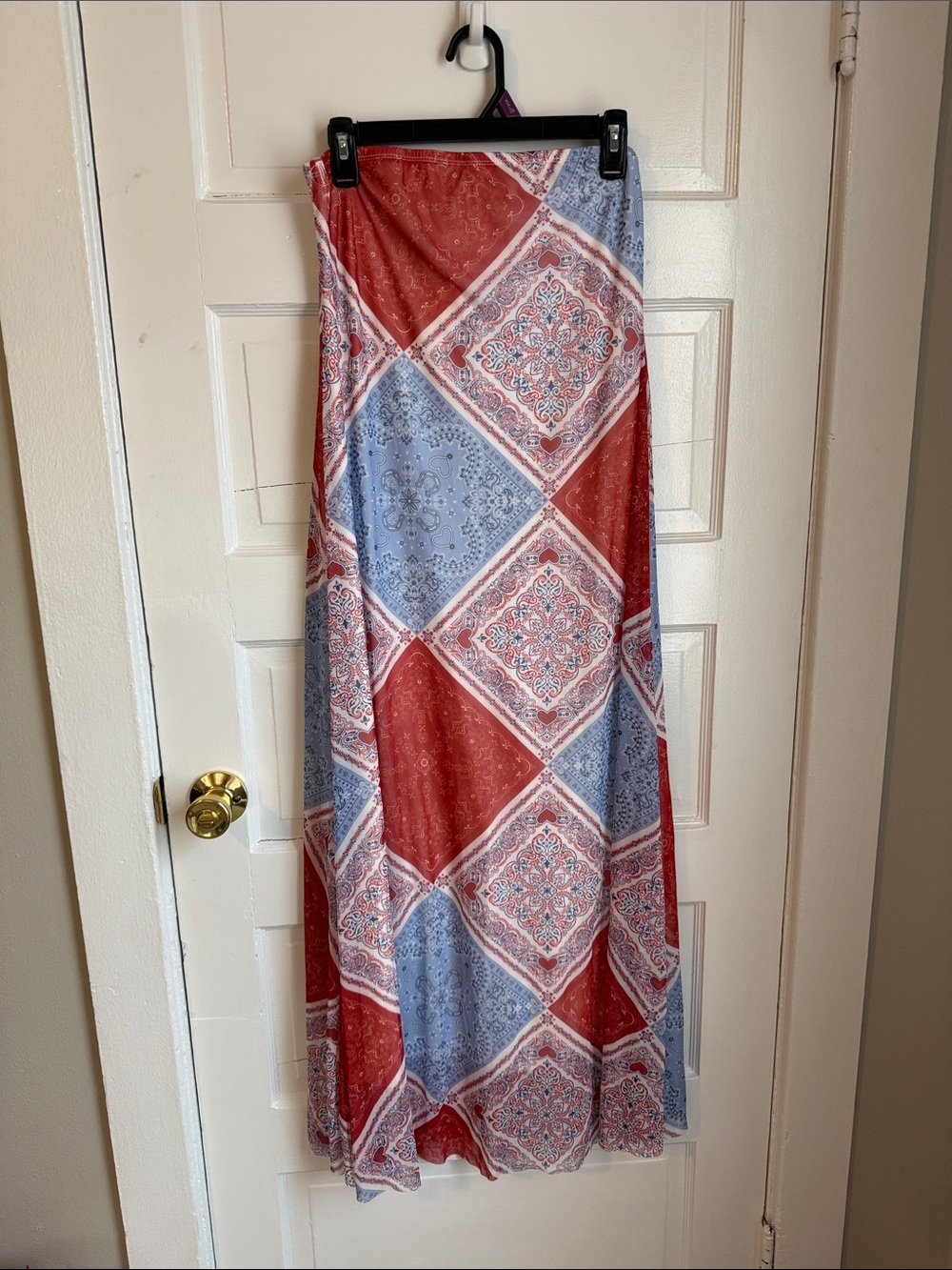 See You Monday Strapless Maxi Dress in Red and Light Blue Patchprint